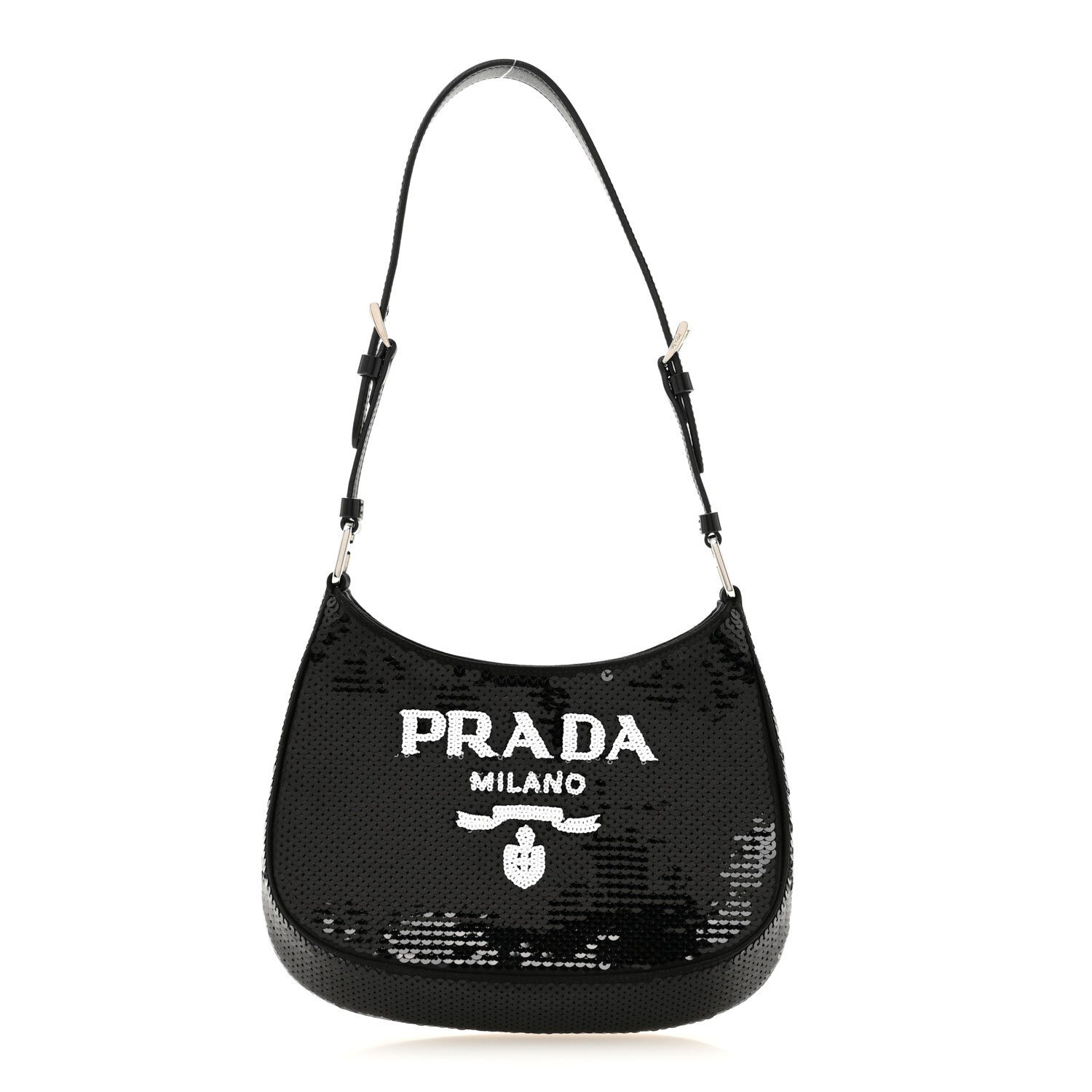 Prada Paillettes Sequin Logo Cleo Adjustable Strap Shoulder Bag Black White