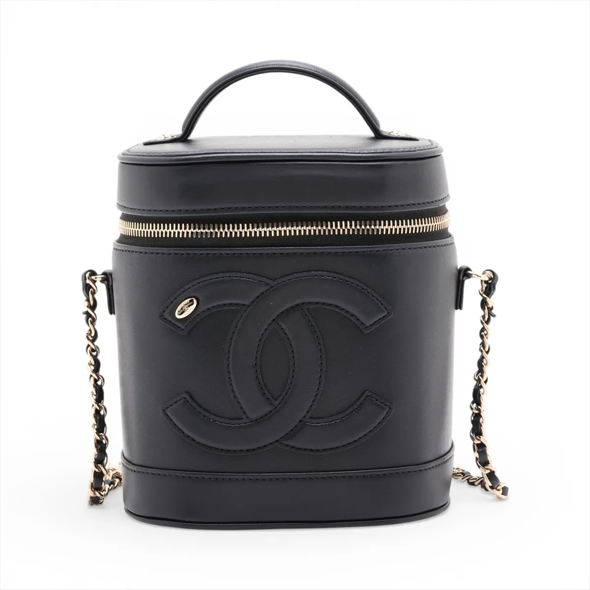 Chanel Coco Mark Lambskin 2 Way Shoulder Bag Vanity Black Gold Metal Fittings 28