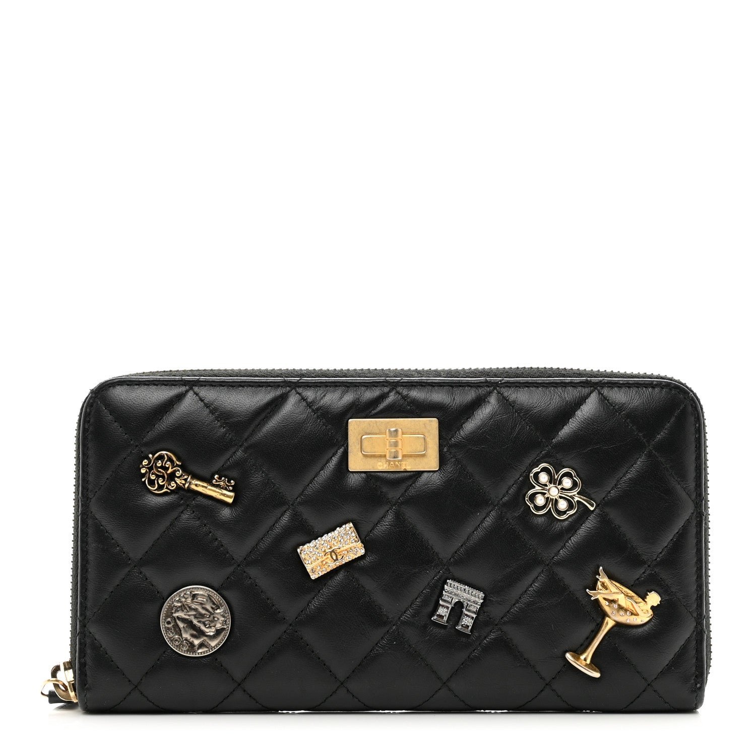 Chanel Aged Calfskin Quilted Lucky Charms 2.55 Reissue Zip Around Wallet Black