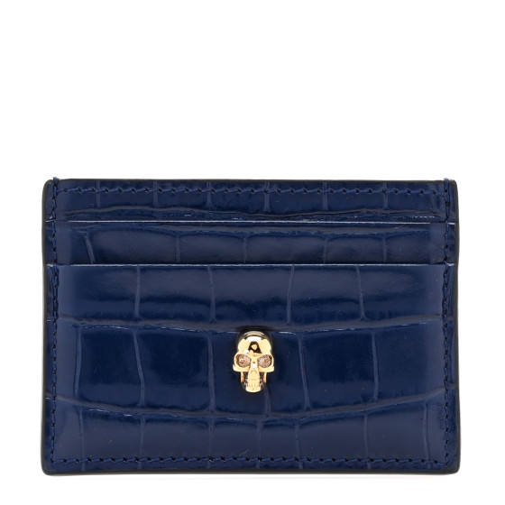 Alexander McQueen Patent Crocodile Embossed Skull Card Holder Navy