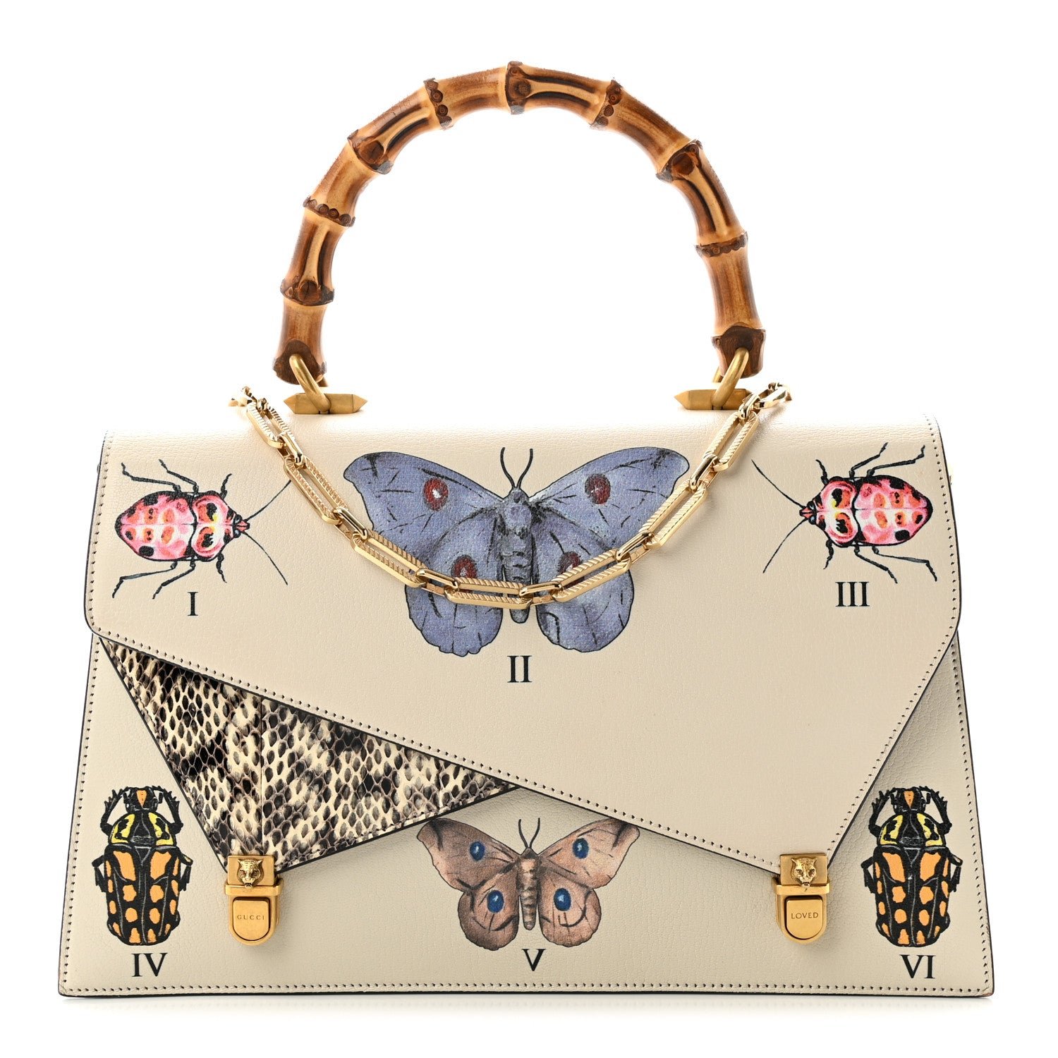 Gucci Calfskin Snakeskin Studded Medium Ottilia Top Handle Bag White