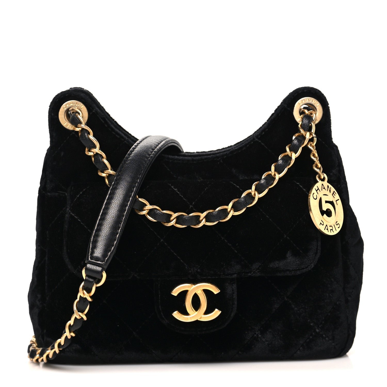 Chanel Velvet Quilted Small Wavy CC Hobo Black