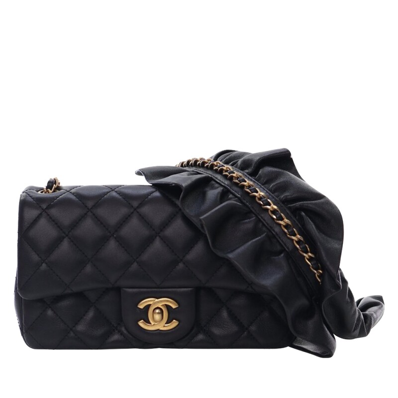 Chanel Black Quilted Lambskin Mini Rectangular Romance Flap Bag Aged Gold Hardware, 2020