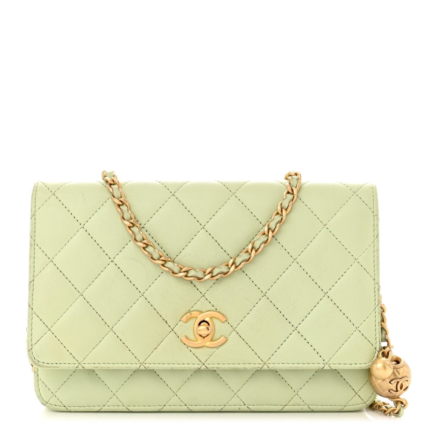 Chanel Lambskin Quilted CC Pearl Crush Wallet on Chain WOC Light Green