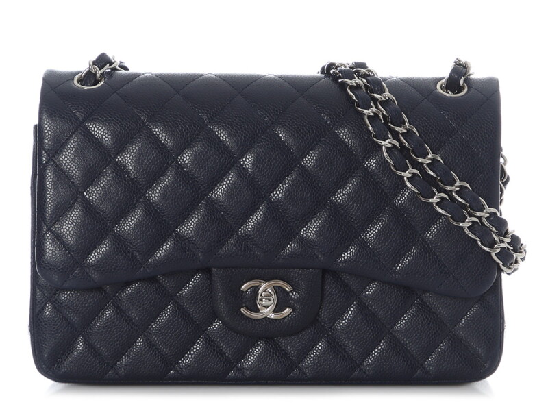 Navy Quilted Caviar Jumbo Classic Double Flap Bag Silver Hardware, 2014