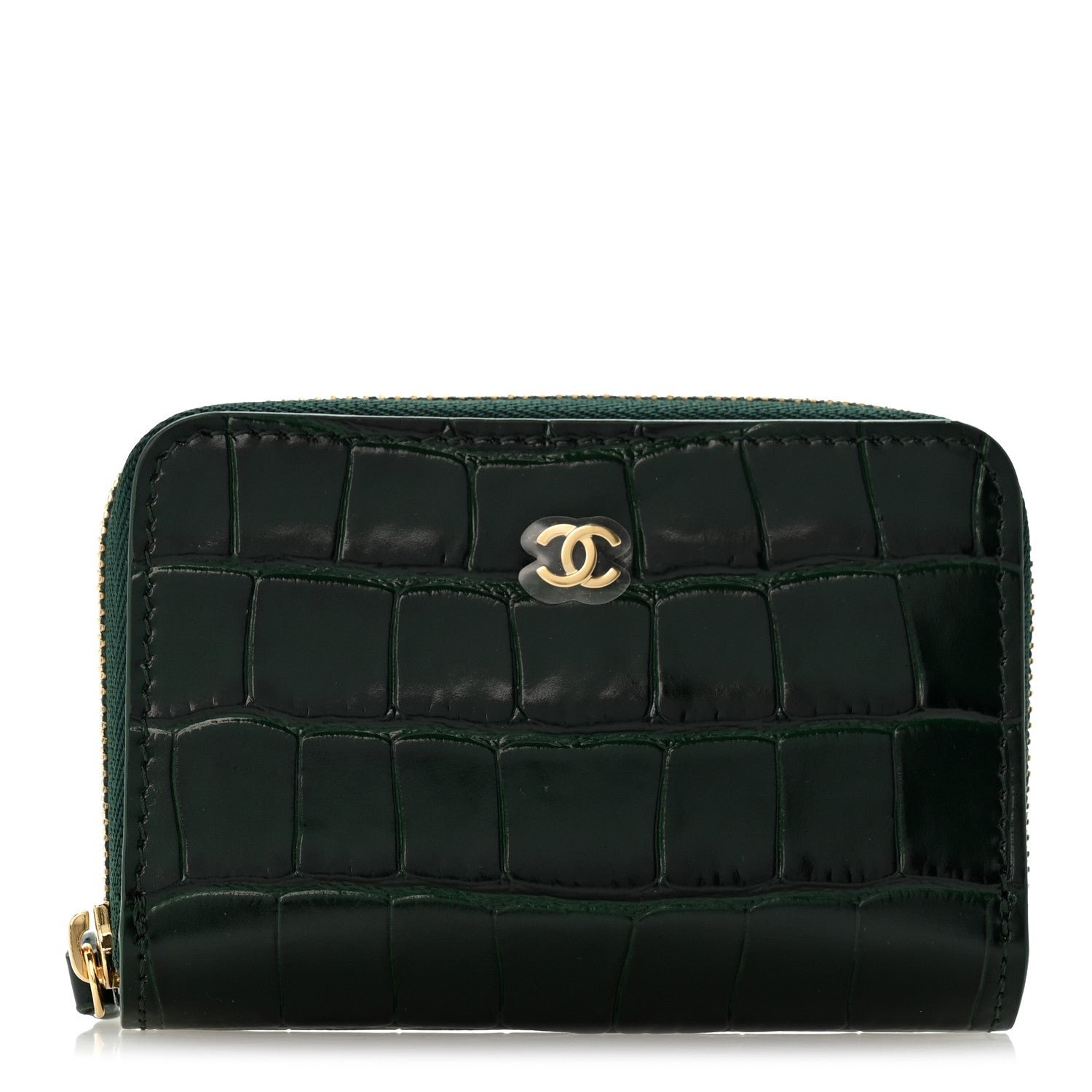 Chanel Calfskin Crocodile Embossed Crococo Zip Coin Purse Emerald