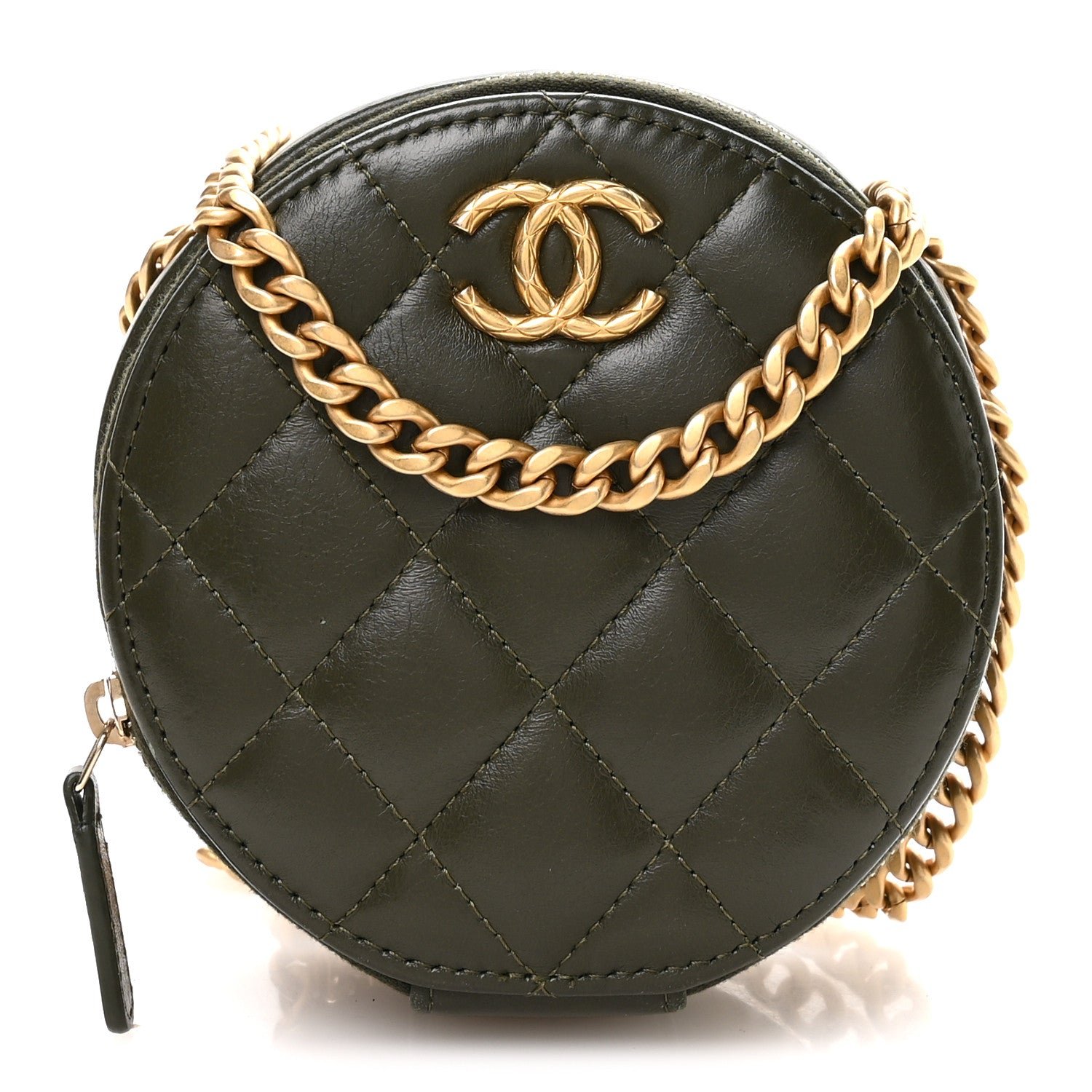 Chanel Lambskin Quilted Pillow Crush Round Clutch With Chain Green