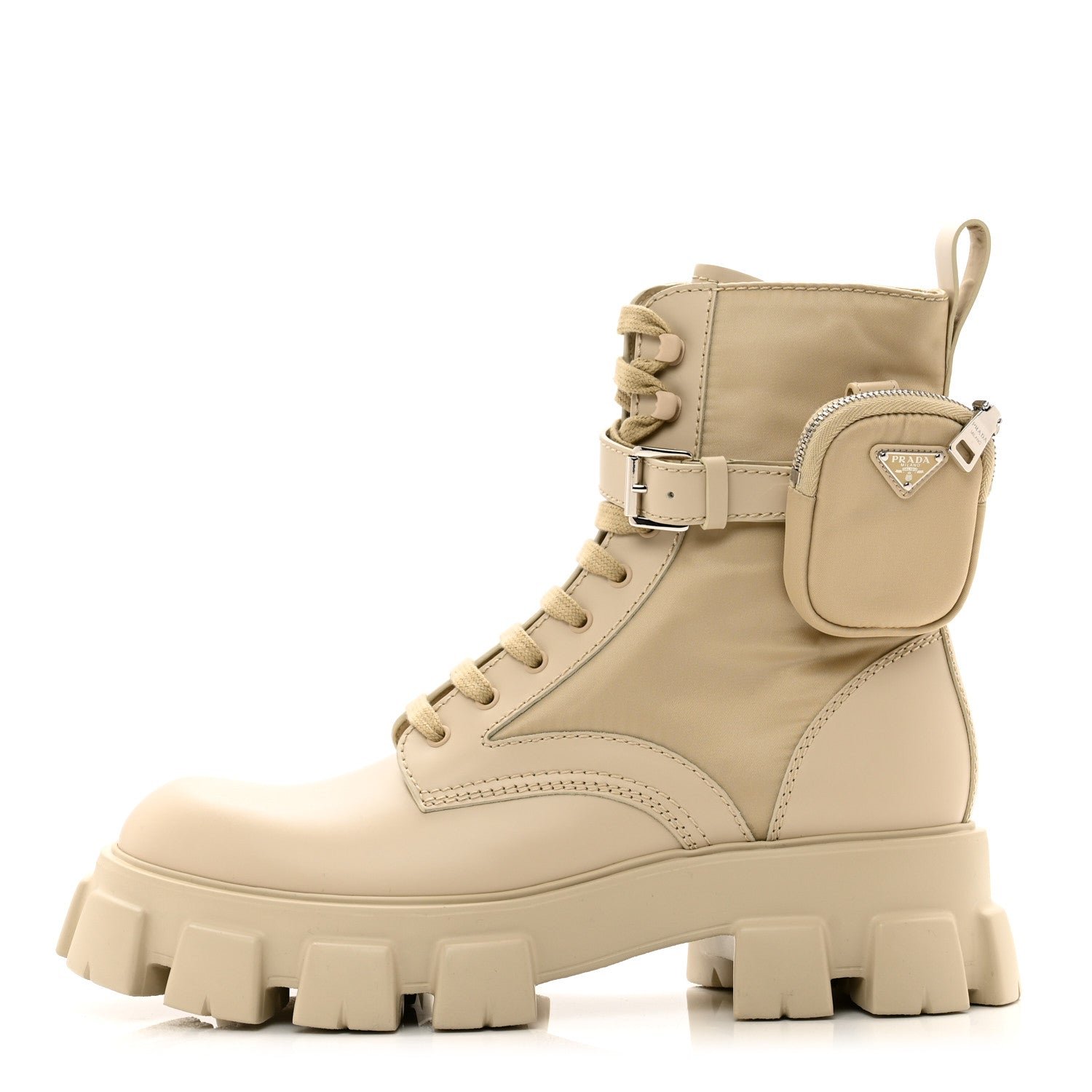 Prada Spazzolato Rois Re-Nylon Metal Triangle Logo Monolith Pouch Pocket 55mm Boots 12 Deserto
