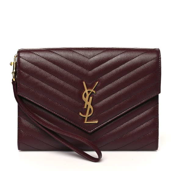 Saint Laurent Grain De Poudre Matelasse Chevron Monogram Envelope Clutch Rouge Legion