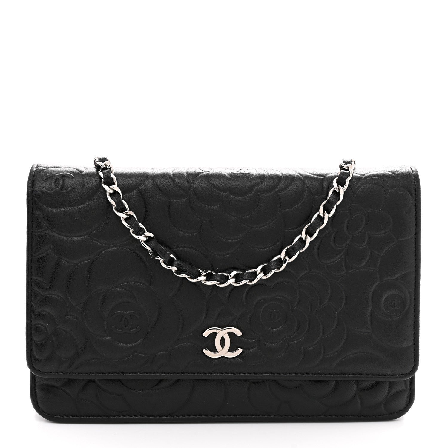 Chanel Lambskin Camellia Embossed Wallet On Chain WOC Black