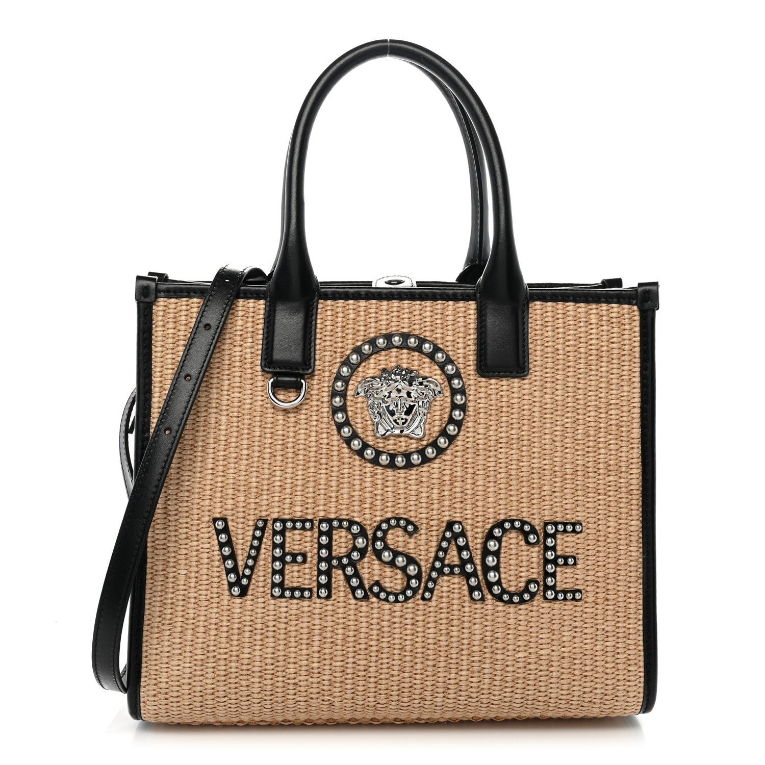 Versace Raffia Studded La Medusa Tote Beige