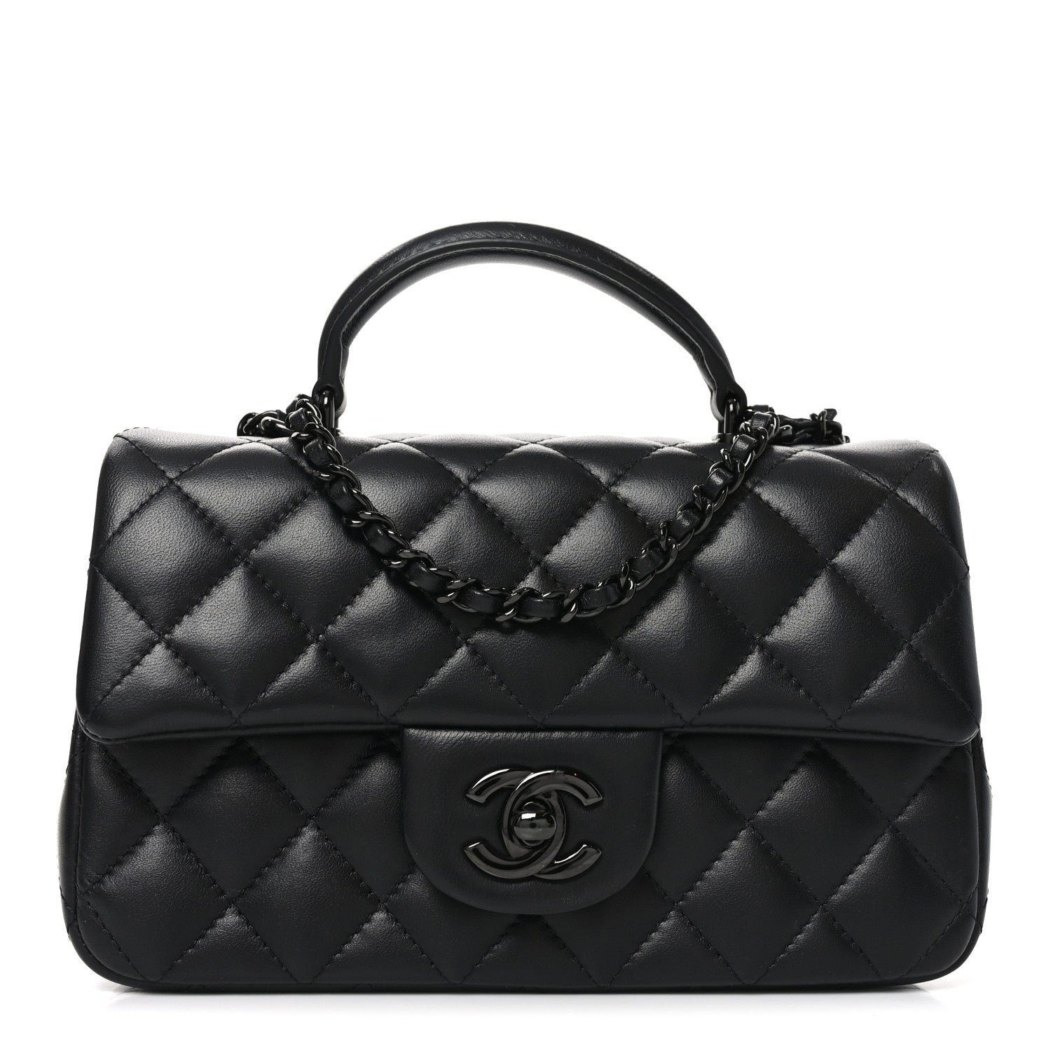 Chanel Lambskin Quilted Mini Top Handle Rectangular Flap So Black