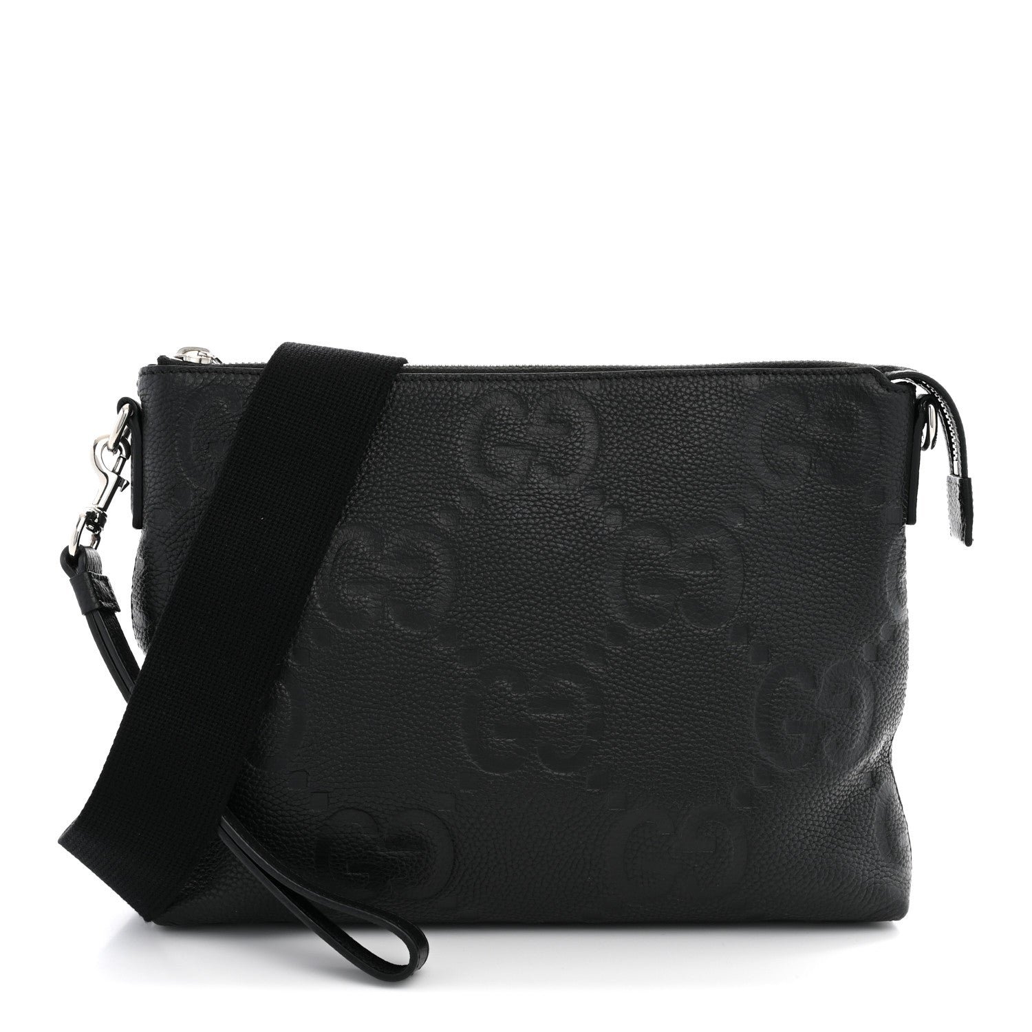Gucci Piuma Calfskin Jumbo GG Embossed Medium Wristlet Messenger Bag Black