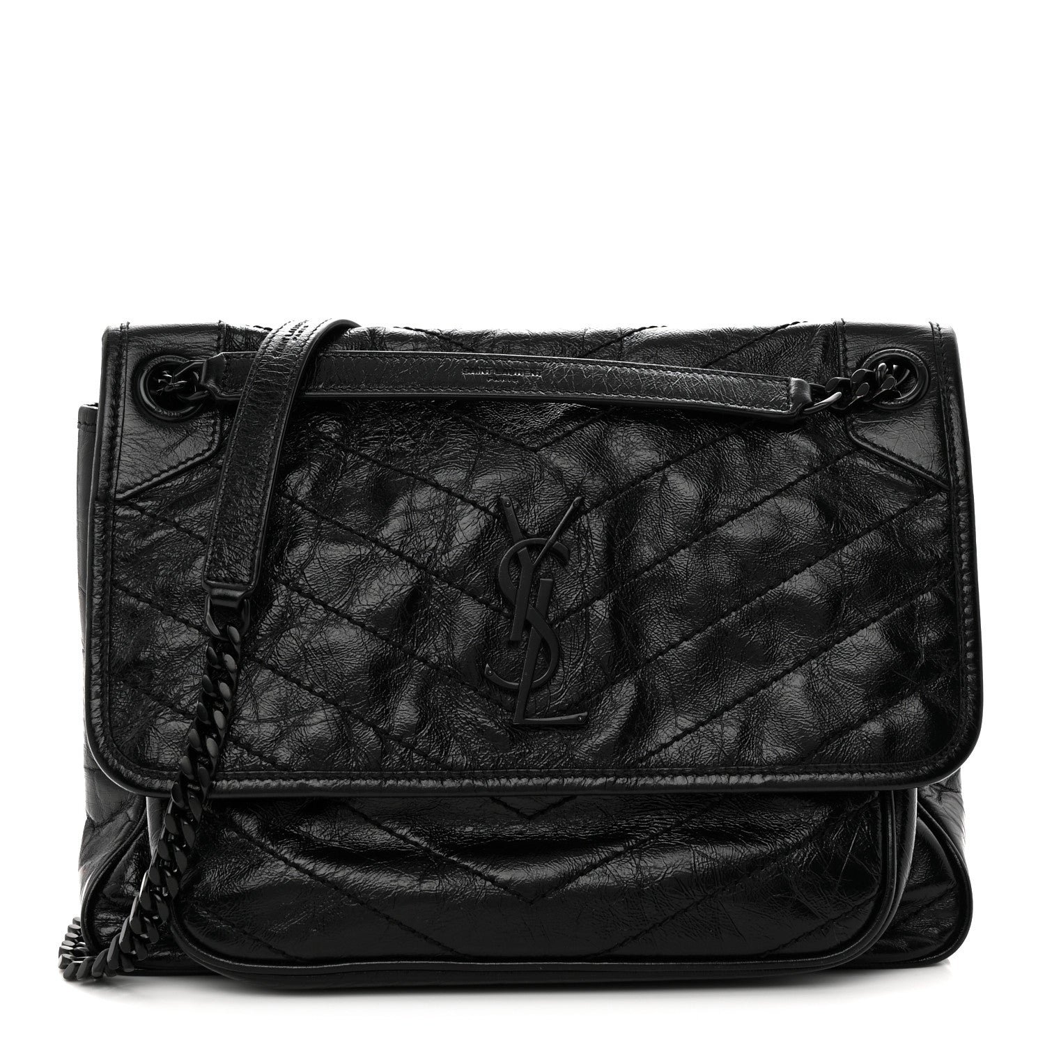 Saint Laurent Saint Laurent Crinkled Calfskin Matelasse Monogram Medium Niki Chain Satchel Black
