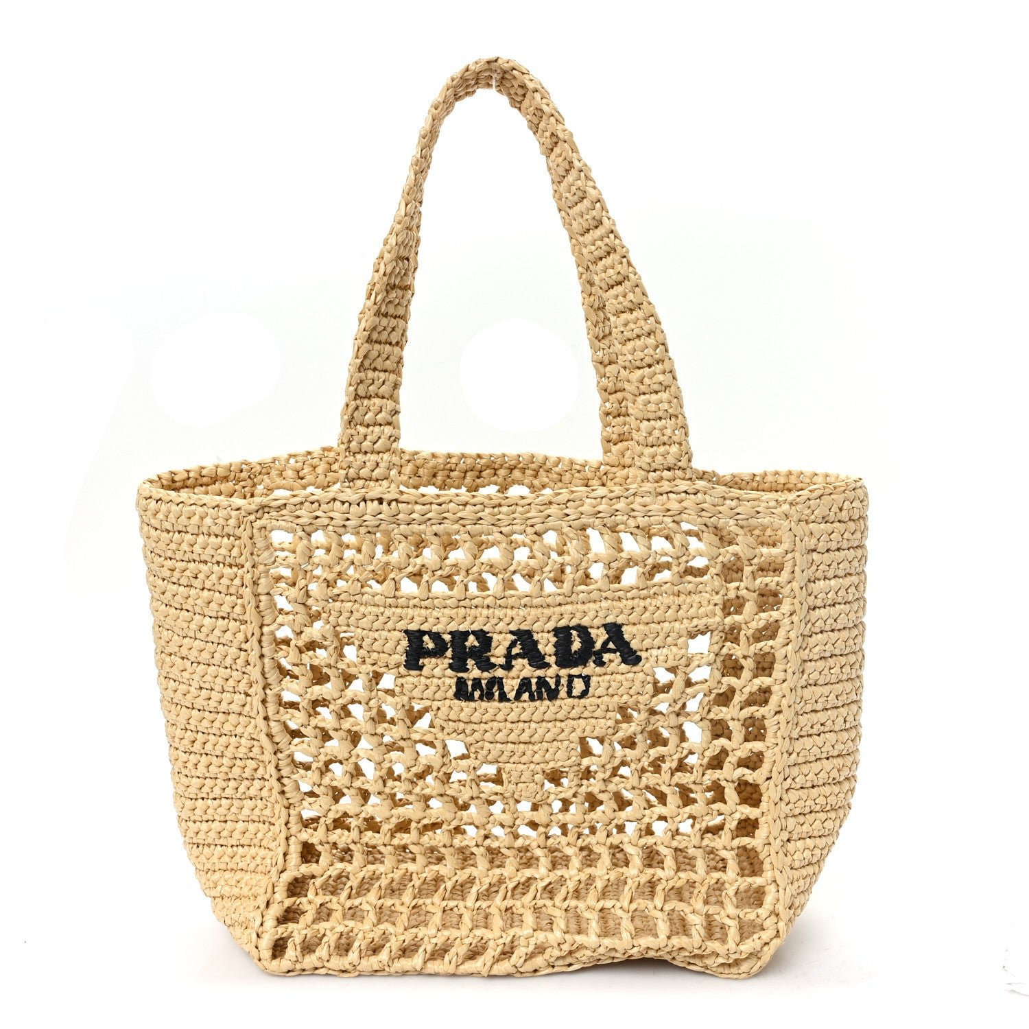 Prada Yarn Raffia Effect Crochet Logo Embroidered Small Tote Bag Naturale