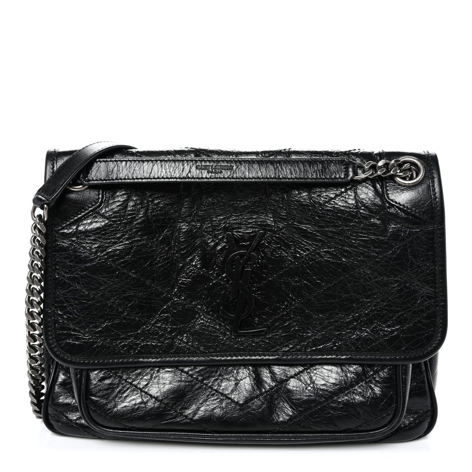 Saint Laurent Saint Laurent Crinkled Calfskin Matelasse Monogram Medium Niki Chain Satchel Black
