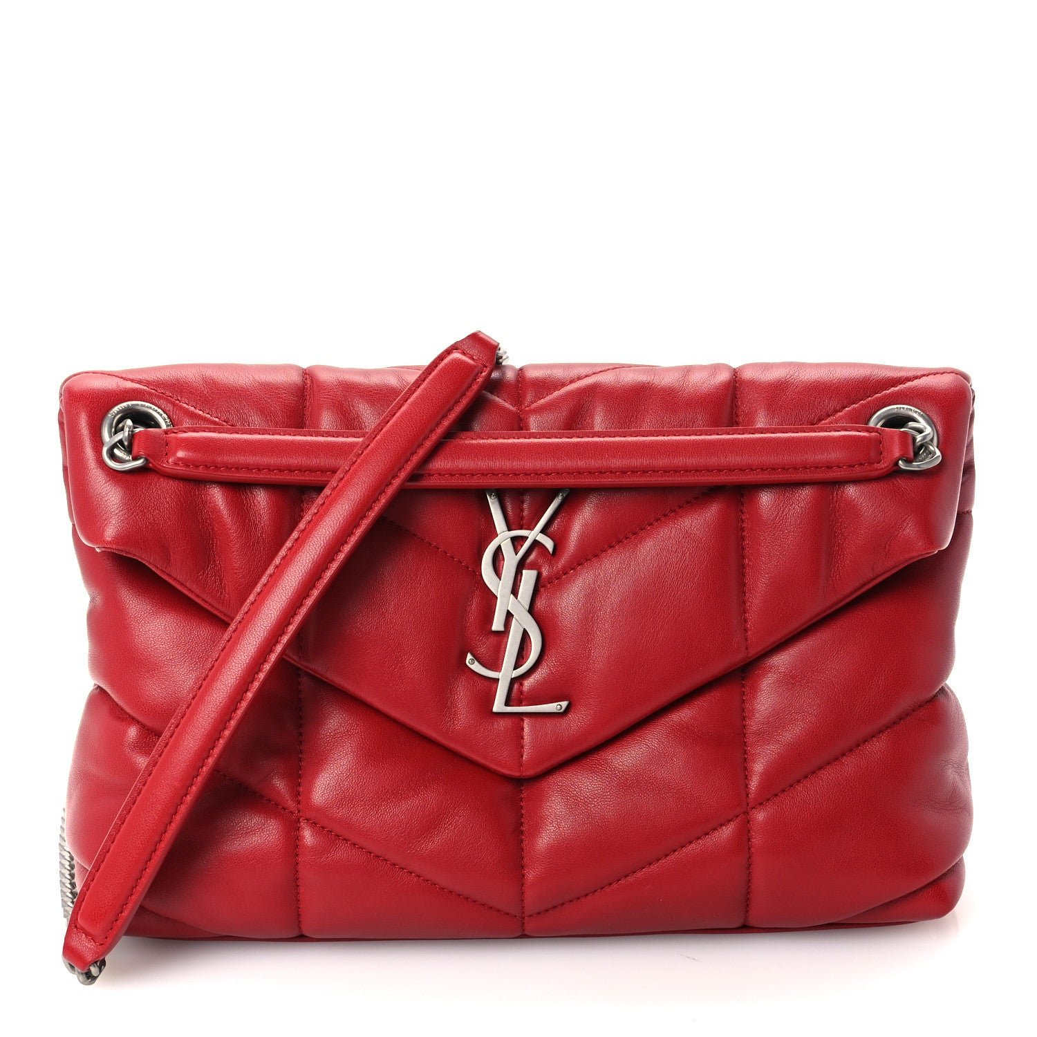 Saint Laurent Lambskin Quilted Small Loulou Puffer Monogram Chain Satchel Red