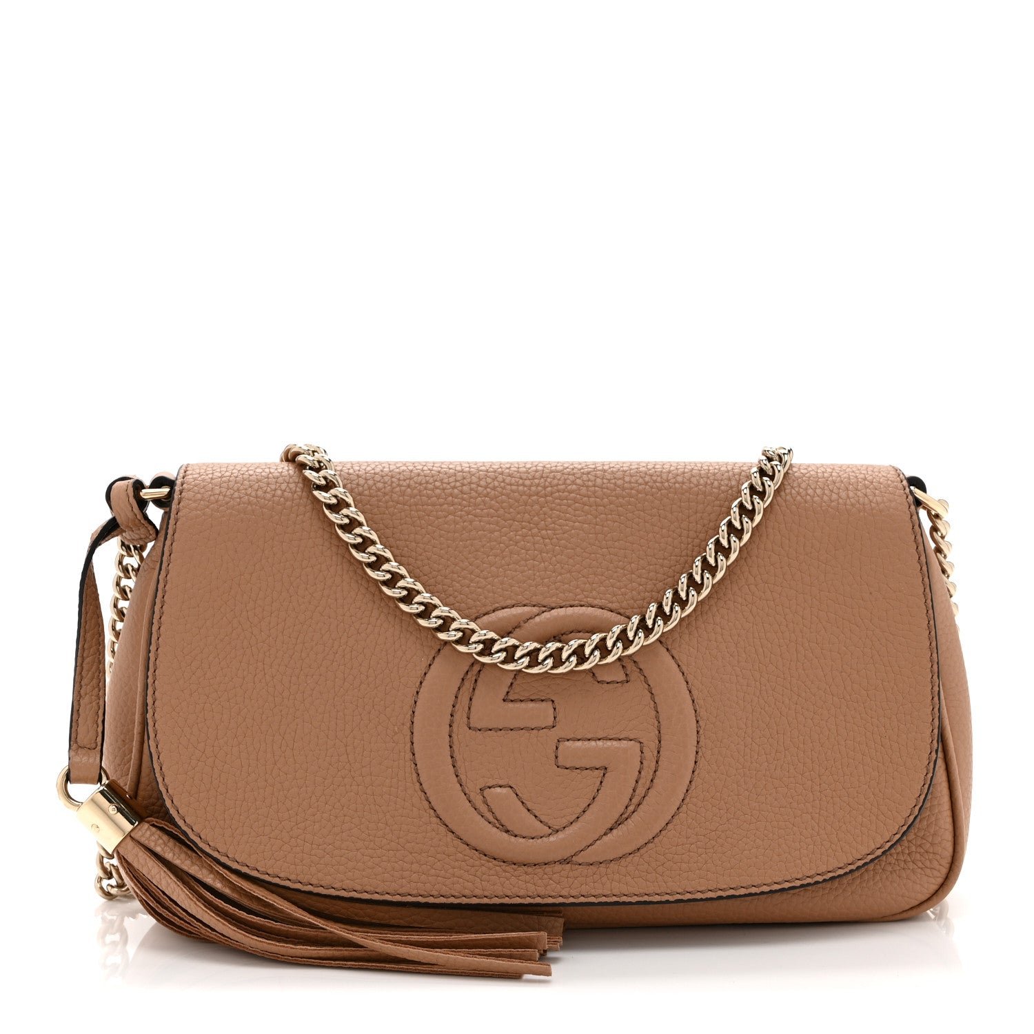 Gucci Pebbled Calfskin Medium Soho Flap Crossbody Camelia