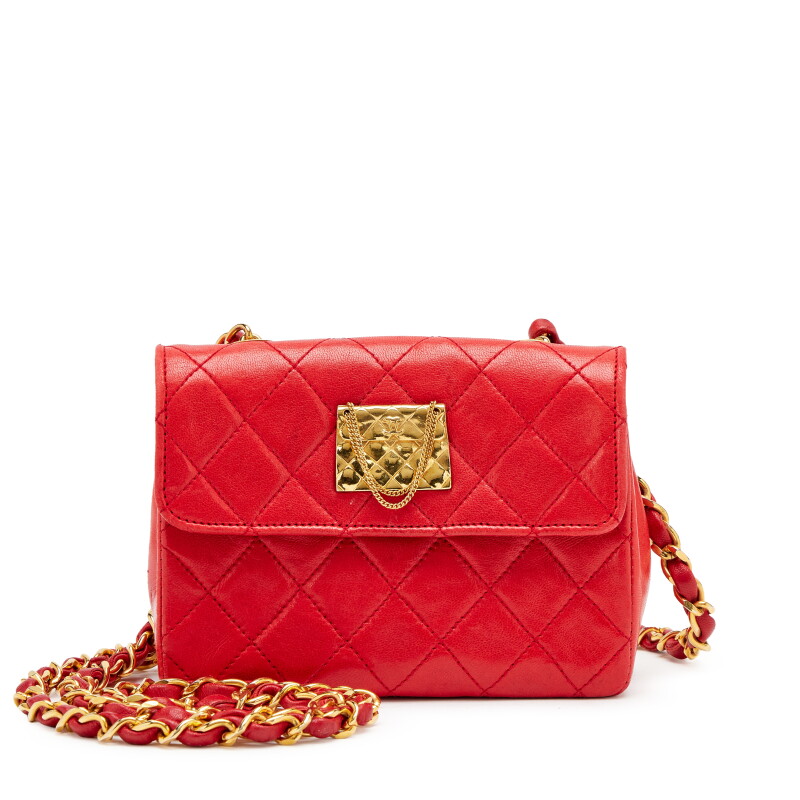 Vintage Red Quilted Lambskin Extra Mini Bag Motif Charm Flap Bag Gold Hardware, 1986-1988