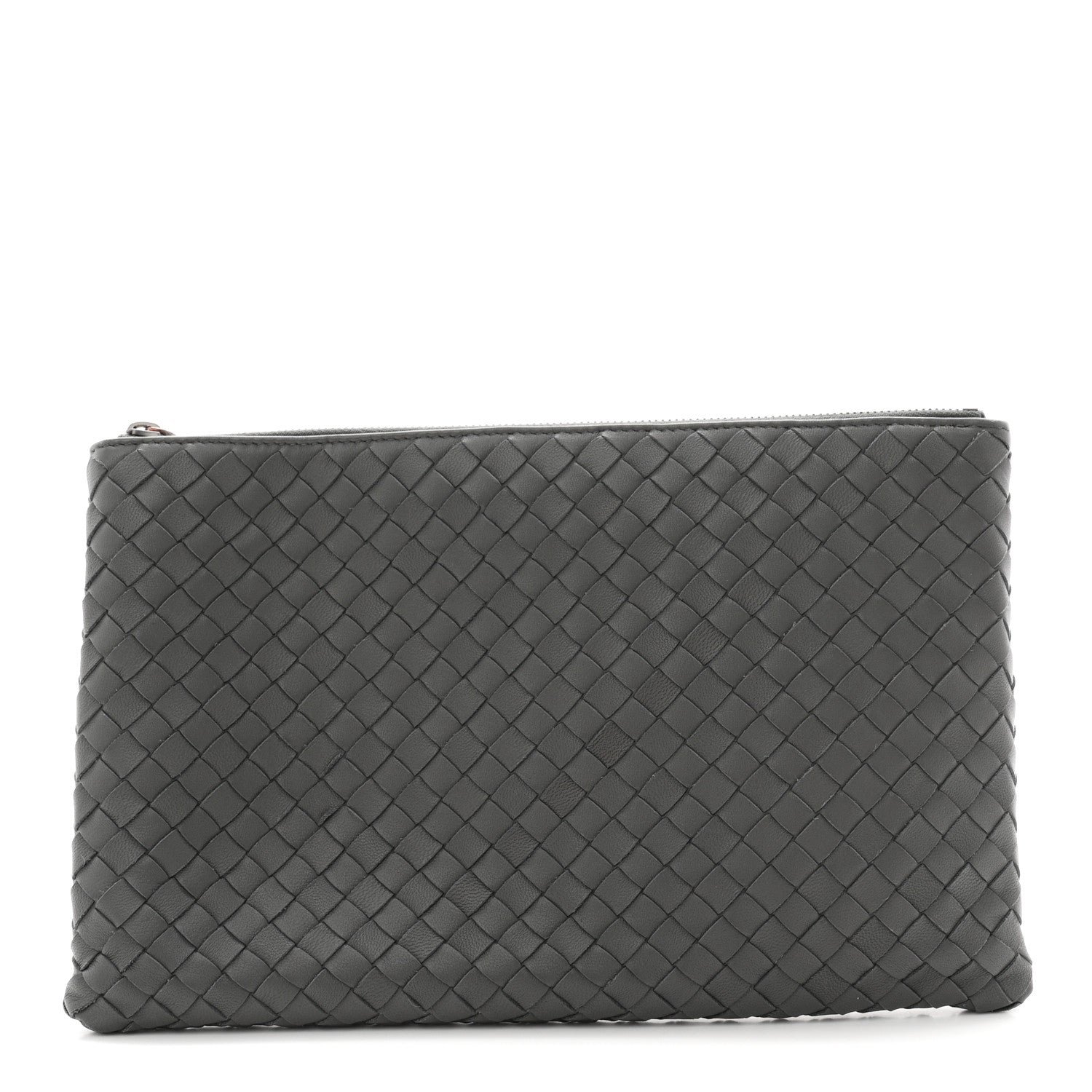 Bottega Veneta Nappa Intrecciato Large Flat Zip Billetto Pouch Light Grey