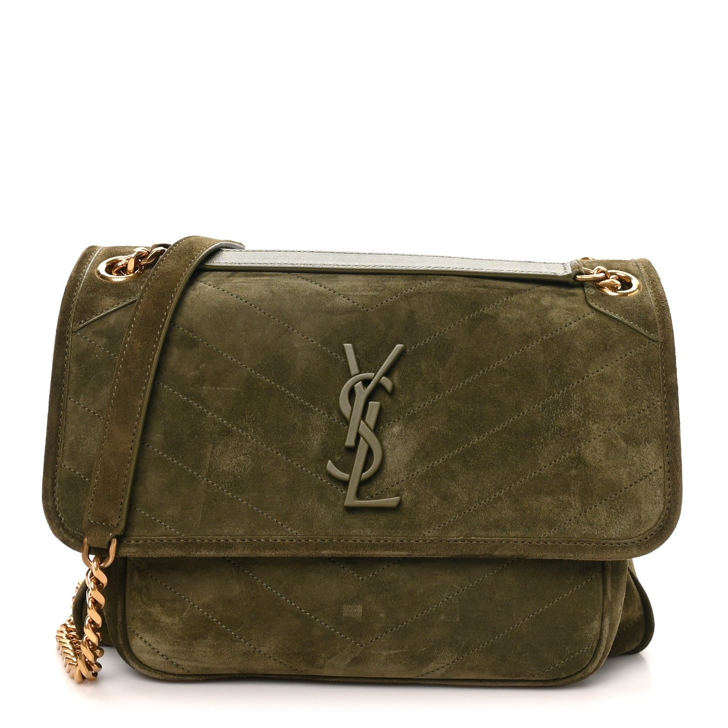Saint Laurent Suede Monogram Medium Niki Chain Satchel Loden Green