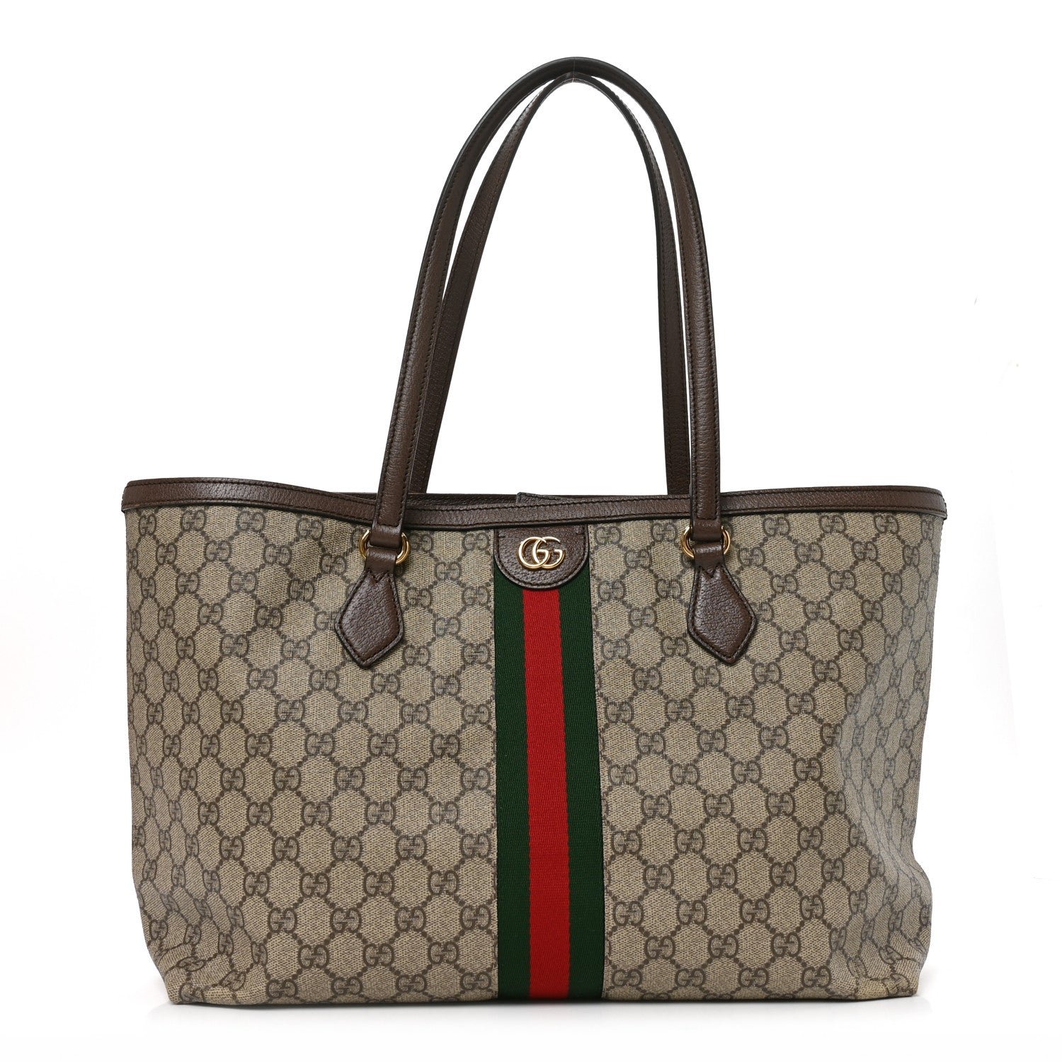 Gucci GG Supreme Monogram Textured Calfskin Web Medium Ophidia Shopping Tote Beige Ebony New Acero