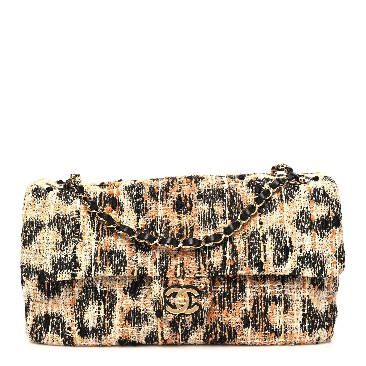 Chanel Tweed Mixed Fibers Leopard Print Small Souplissimo Maxi Flap Brown Black White