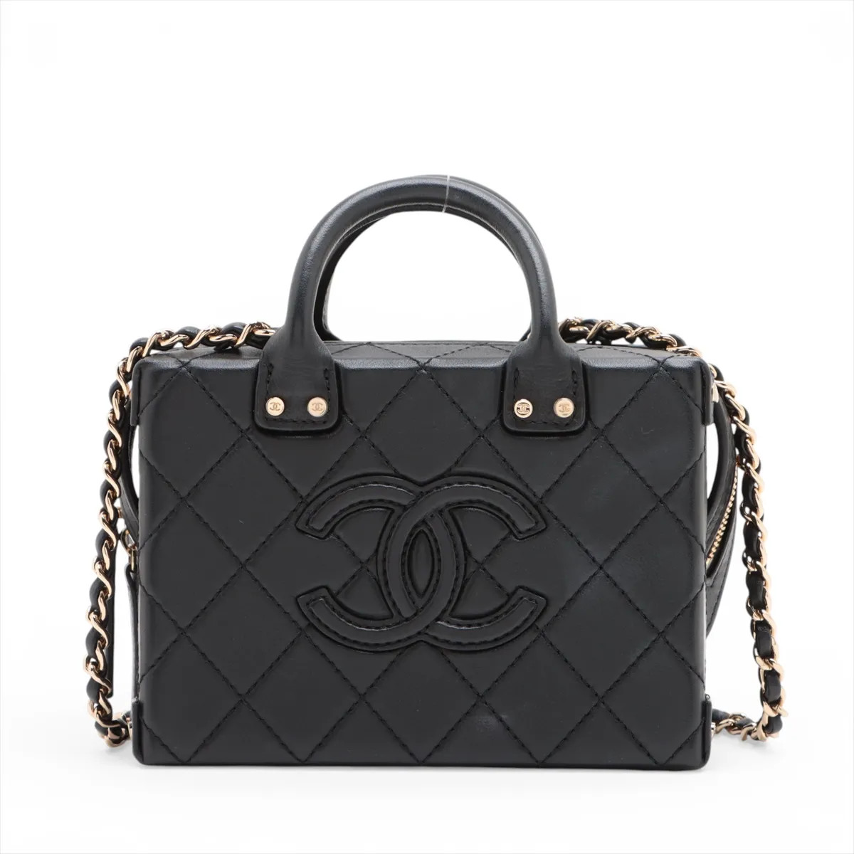 Chanel Matelasse Lambskin 2 Way Handbag Black Gold Metal Fittings random plate A