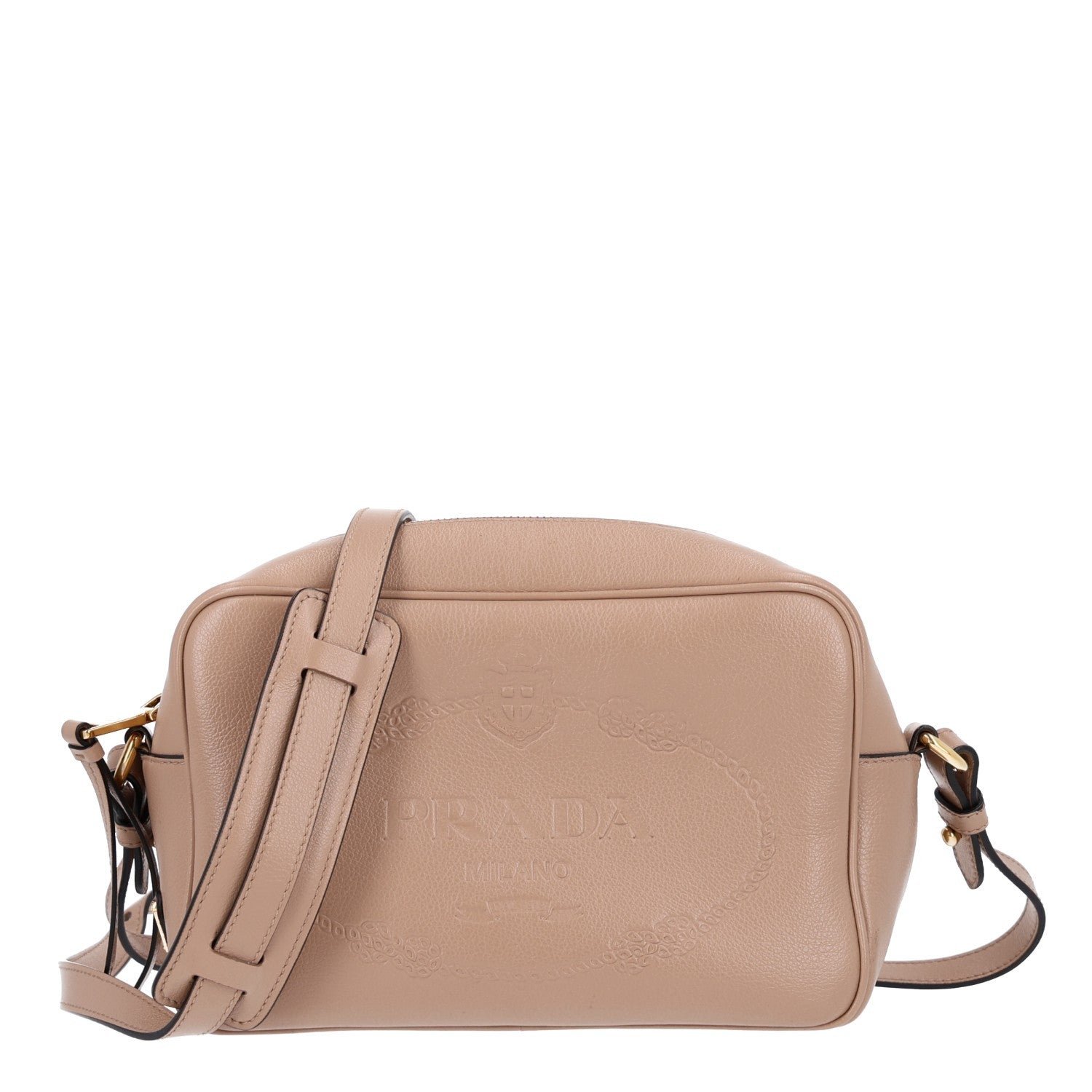 Prada Glace Calfskin Embossed Logo Crossbody Cammeo