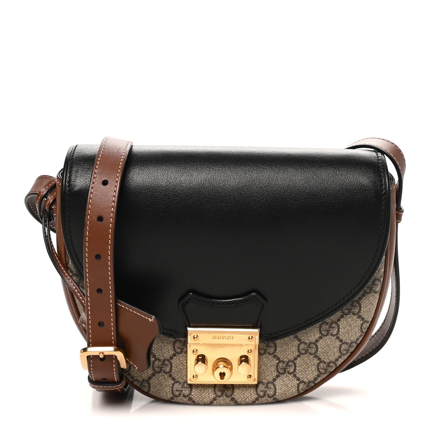 Gucci GG Supreme Monogram Calfskin Small Padlock Messenger Shoulder Bag Beige Black Cuir