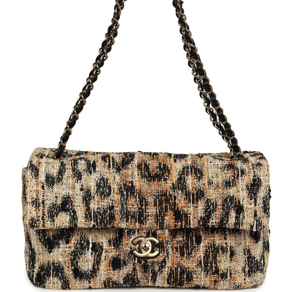 Chanel Maxi Leopard Print "Souplissimo" Small Flap Bag Brown, Black, White Tweed, Mixed Fibers Gold Hardware