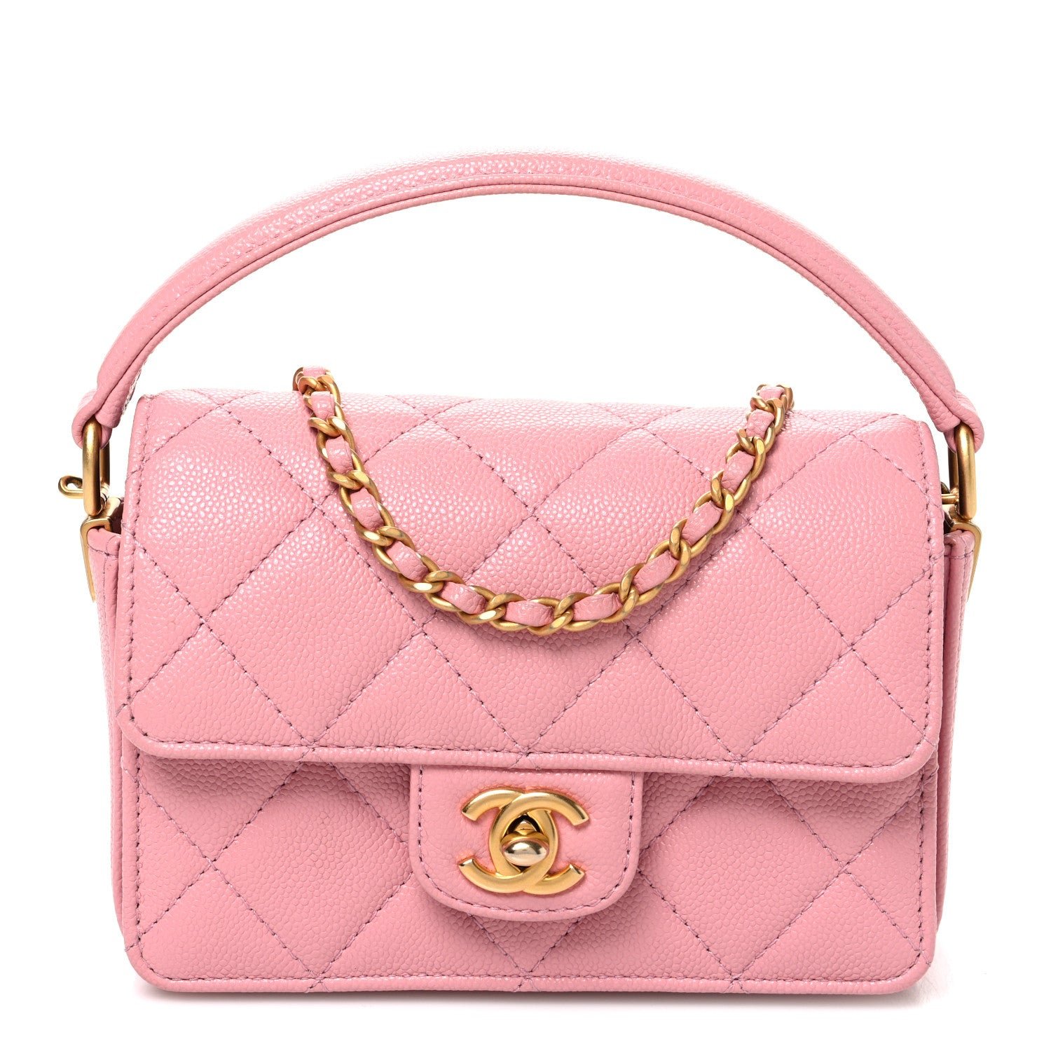 Chanel Shiny Caviar Quilted Mini Top Handle Flap Pink Pink
