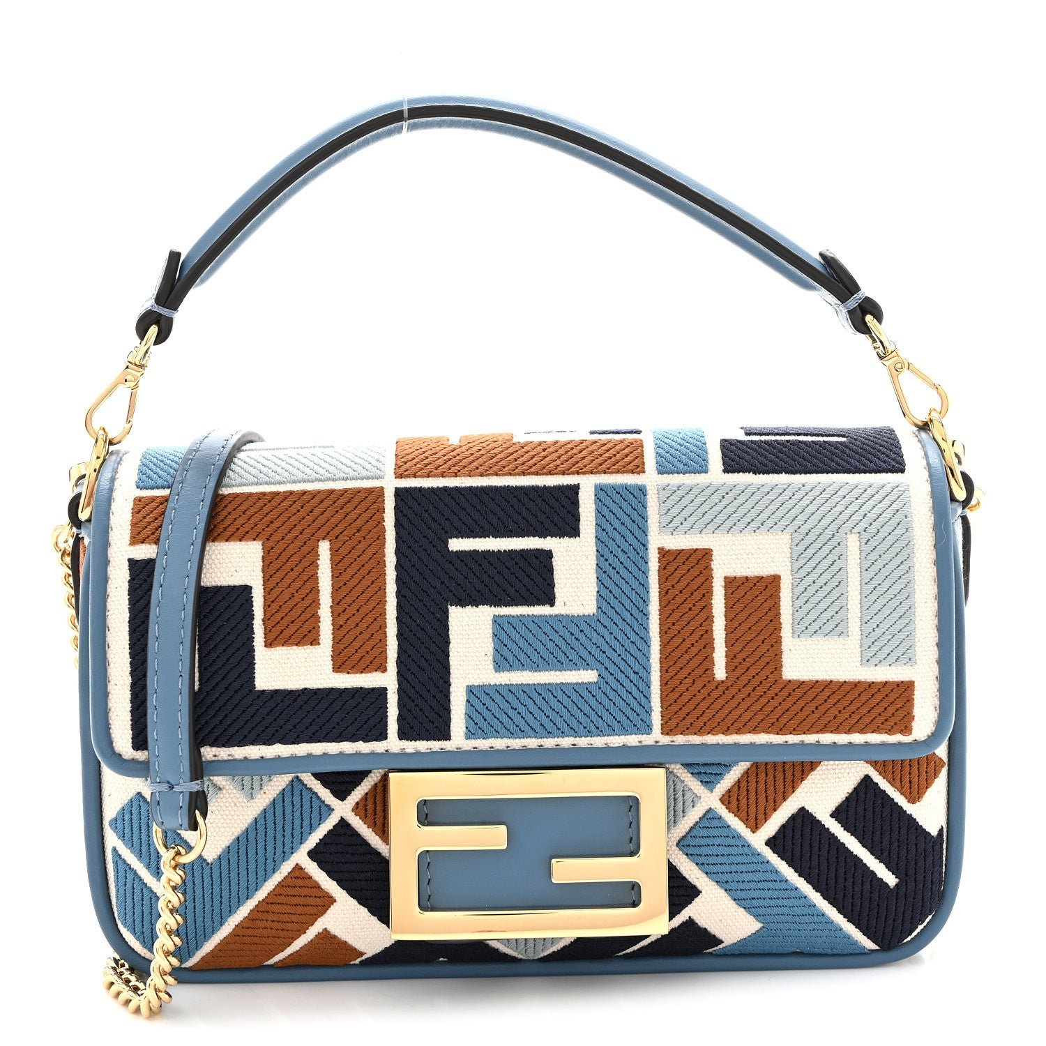 Fendi Canvas Vitello King Seta FF Embroidered Mini Baguette Blue Multicolor