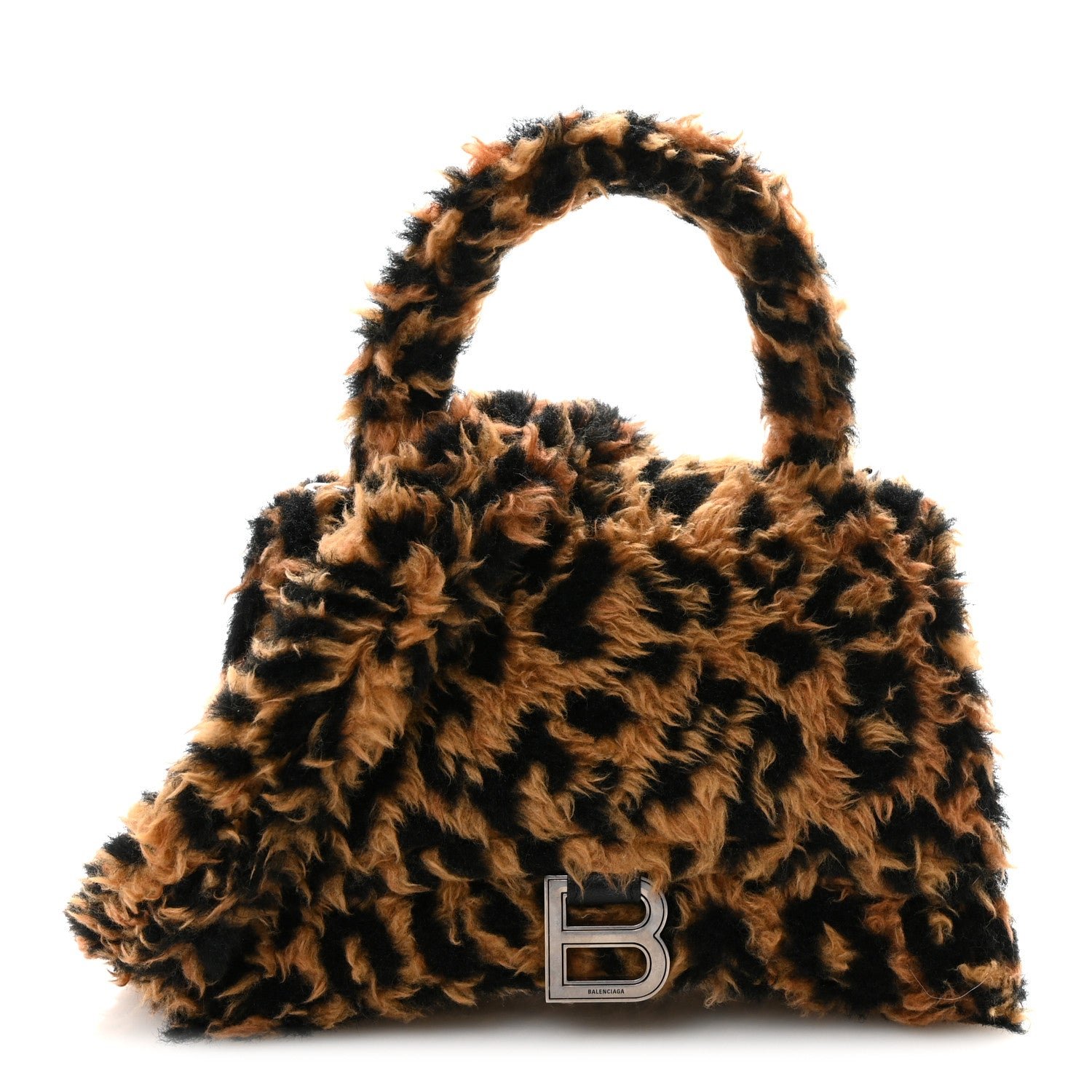 Balenciaga Fleece Leopard Print Small Hourglass Top Handle Bag Brown