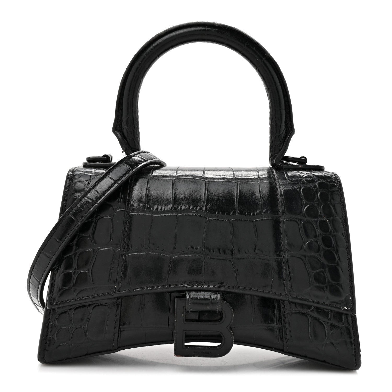 Balenciaga Shiny Calfskin Monochrome Crocodile Embossed Hourglass Top Handle Bag XS Black