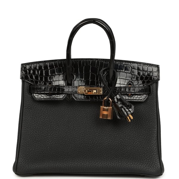 Hermes Pre-owned Hermes Birkin 25 Touch Black Togo and Shiny Niloticus Crocodile Touch Rose Gold Hardware
