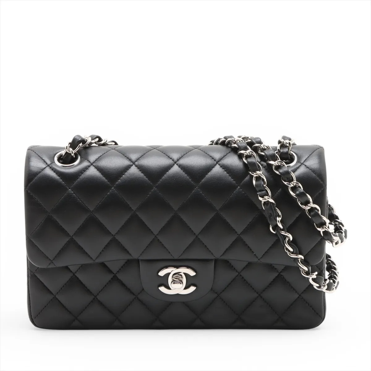 Chanel Matelasse 23 Small Lambskin Double Flap Double Chain Bag Black Silver Met
