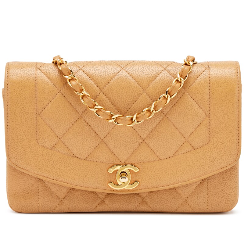 Vintage Camel Beige Quilted Caviar Small Diana Flap Bag Gold Hardware, 1991-1994
