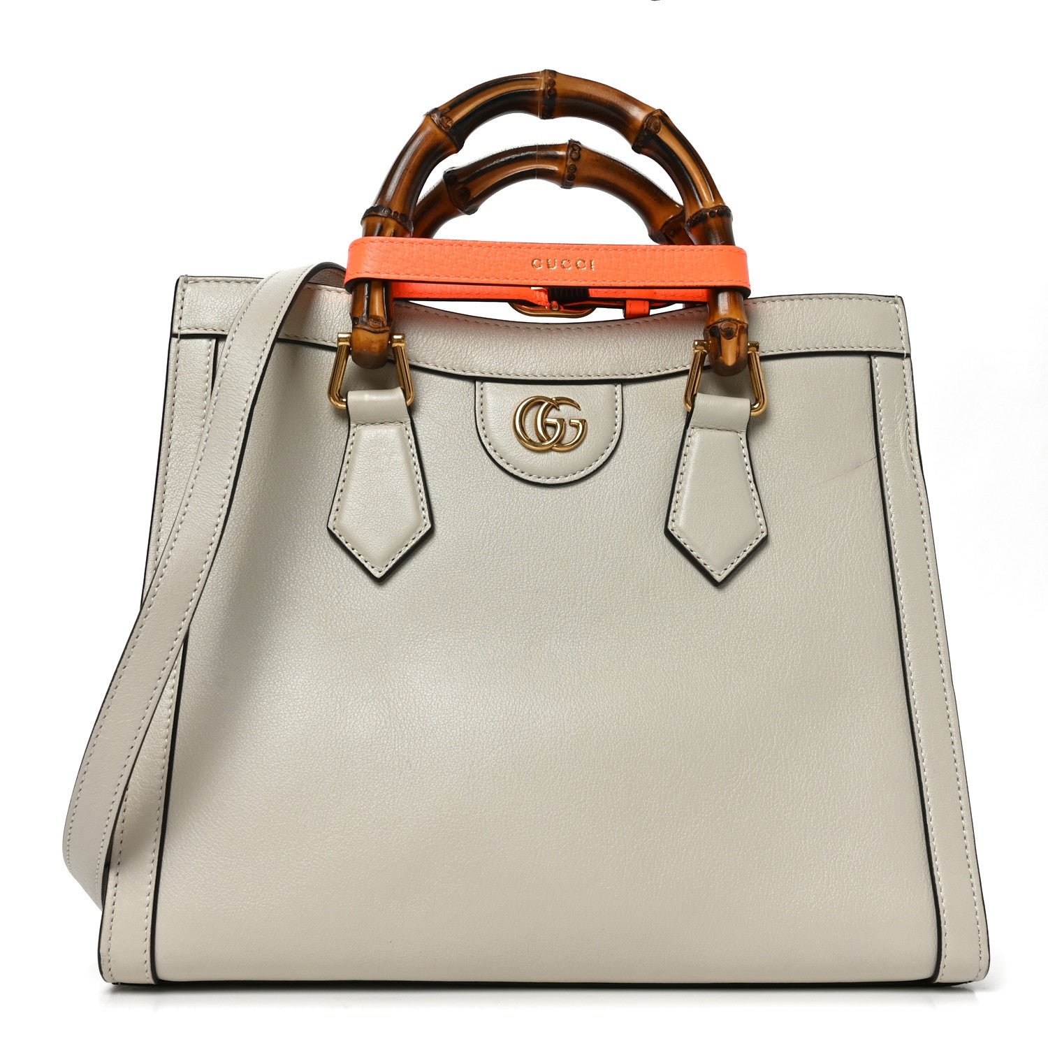 Gucci Wonka Grain Calfskin Small Diana Tote Bag Mystic White Orange Fluo