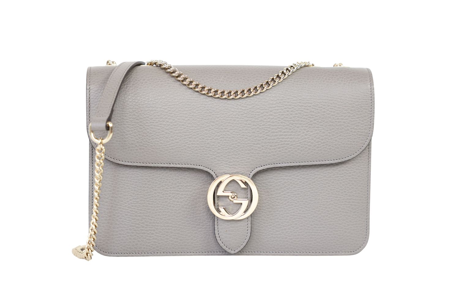 Gucci Interlocking G Shoulder Medium Bag, Gray Leather and Gold Hardware, Preowned no Dustbag WA001