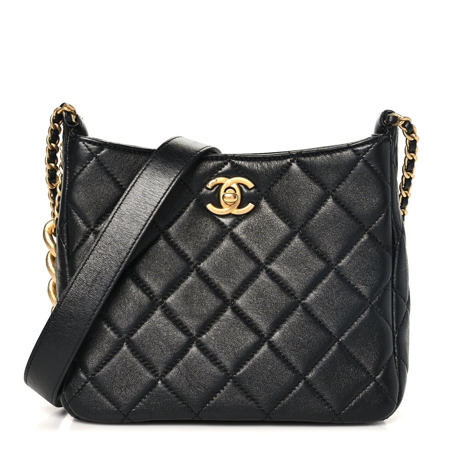 Chanel Shiny Lambskin Quilted CC Hobo Black