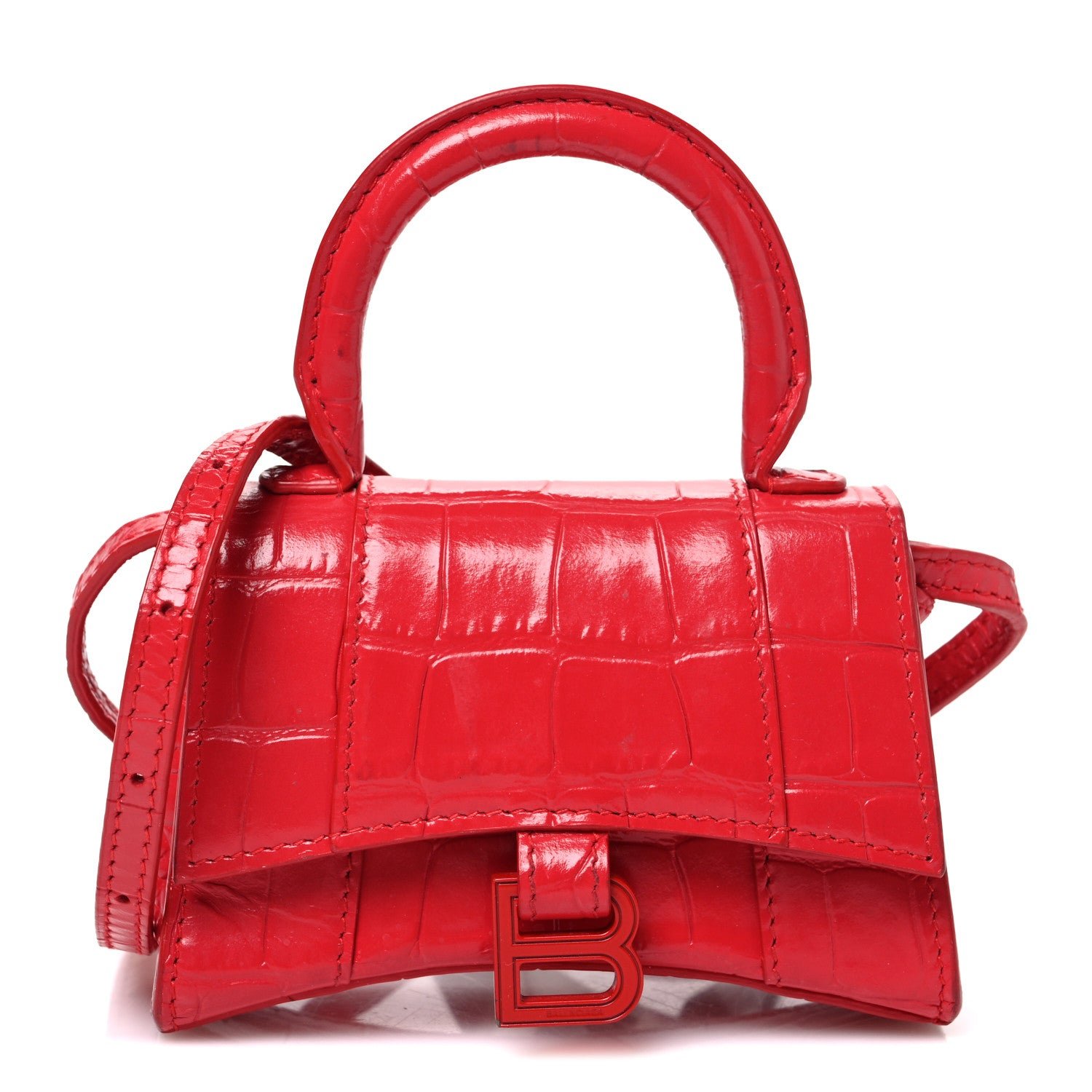 Balenciaga Shiny Calfskin Tonal B Crocodile Embossed Hourglass Top Handle Bag Mini Bright Red