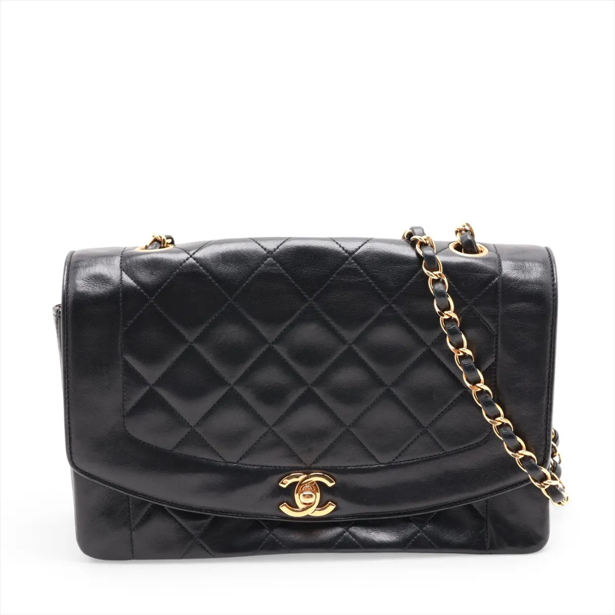 Chanel Matelasse Lambskin Single Flap Single Chain Bag Diana Flap Black Gold Met