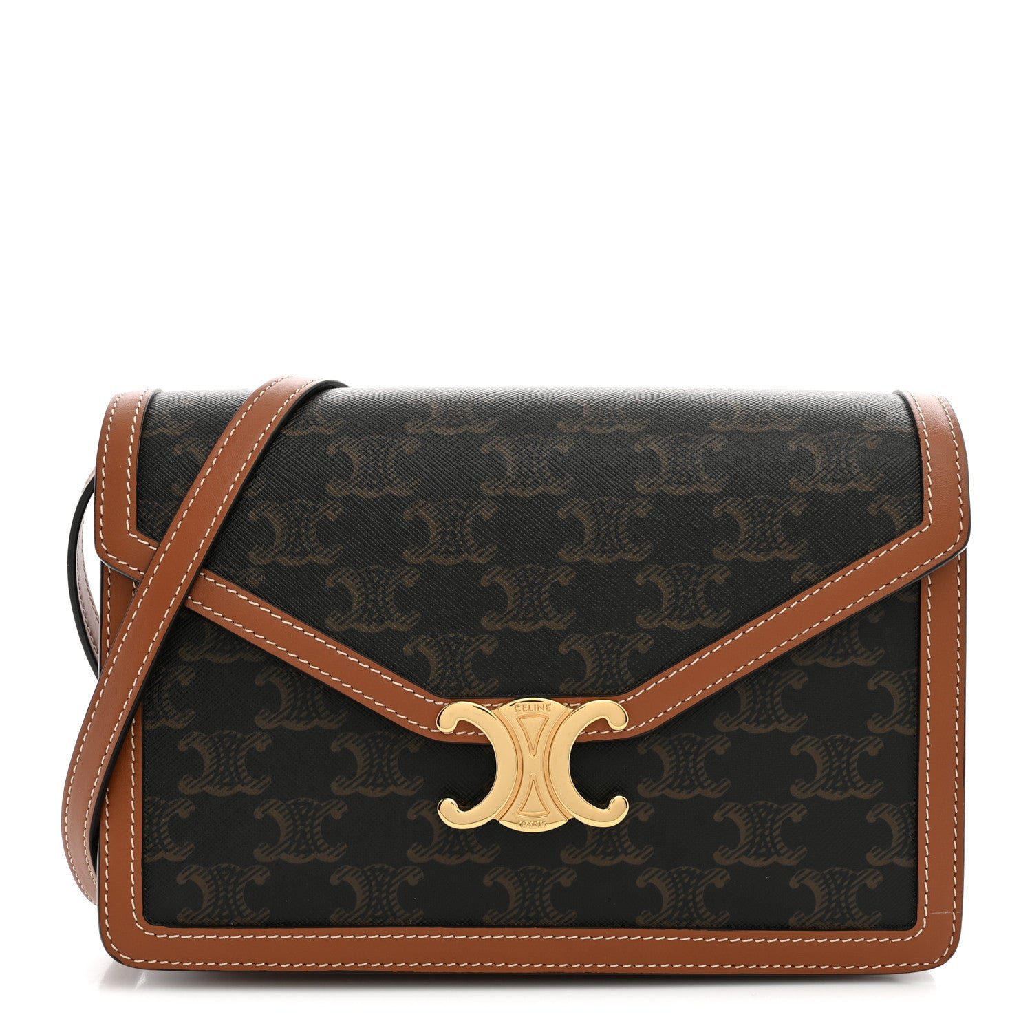 Celine Triomphe Canvas Calfskin Enveloppe Bag Tan
