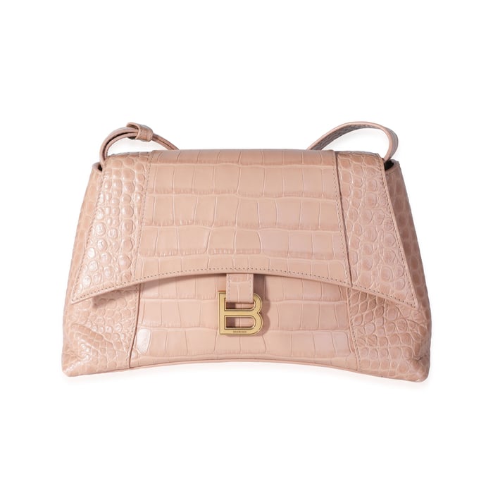 Balenciaga Beige Croc Embossed Hourglass Downtown Shoulder Bag