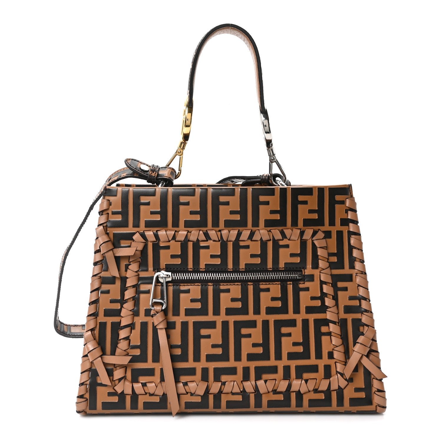 Fendi Vitello Century F is Fendi Whipstitch Threads FF Embossed Small Runaway Satchel Tobacco Orzo