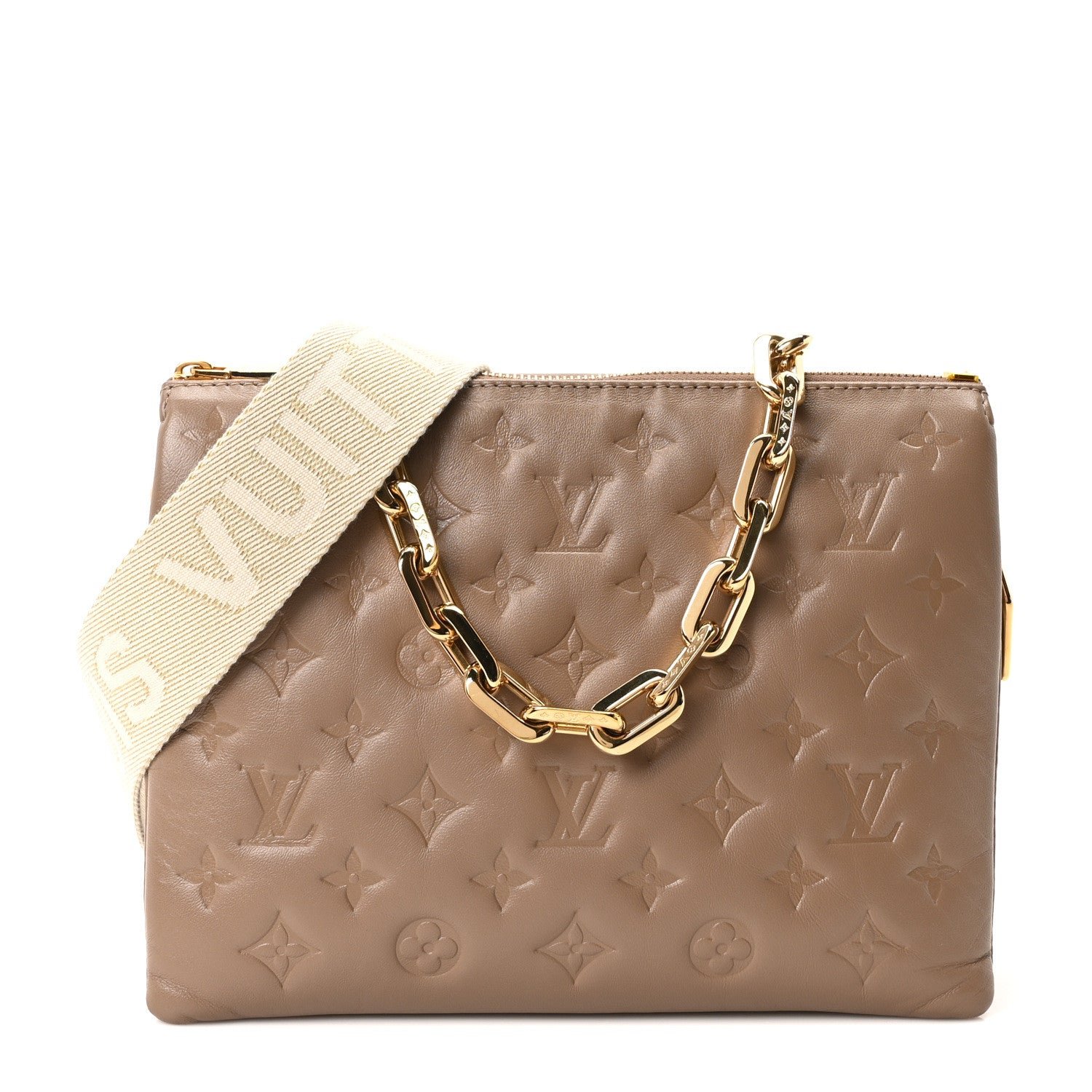 Louis Vuitton Lambskin Embossed Monogram Coussin PM Taupe