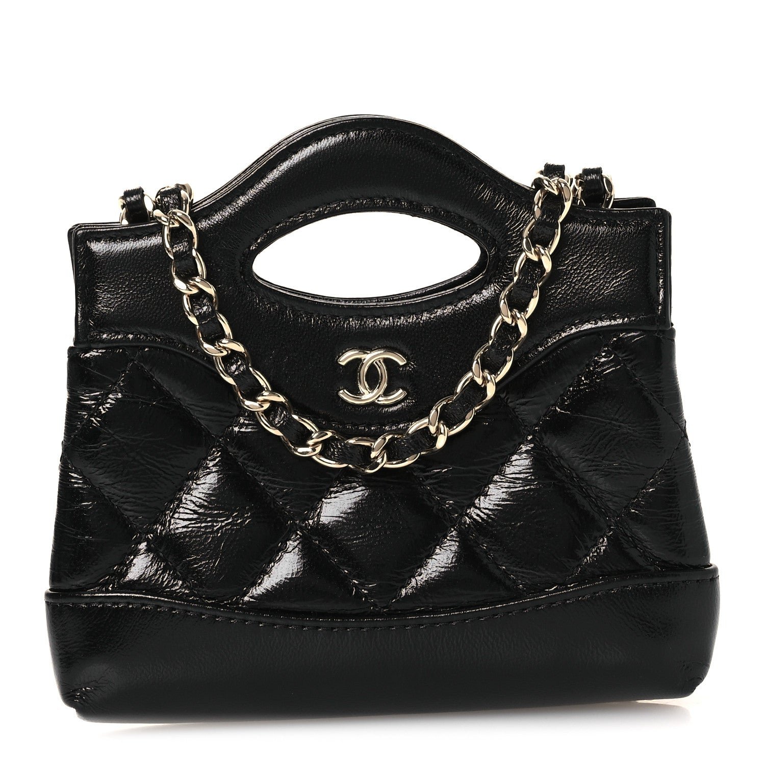 Chanel Shiny Lambskin Quilted Micro 31 Clutch With Chain Black