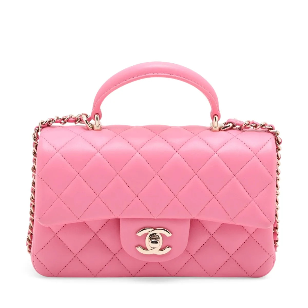 Chanel Matelasse Lambskin 2 Way Handbag Top Handle Pink Gold Metal Fittings rand