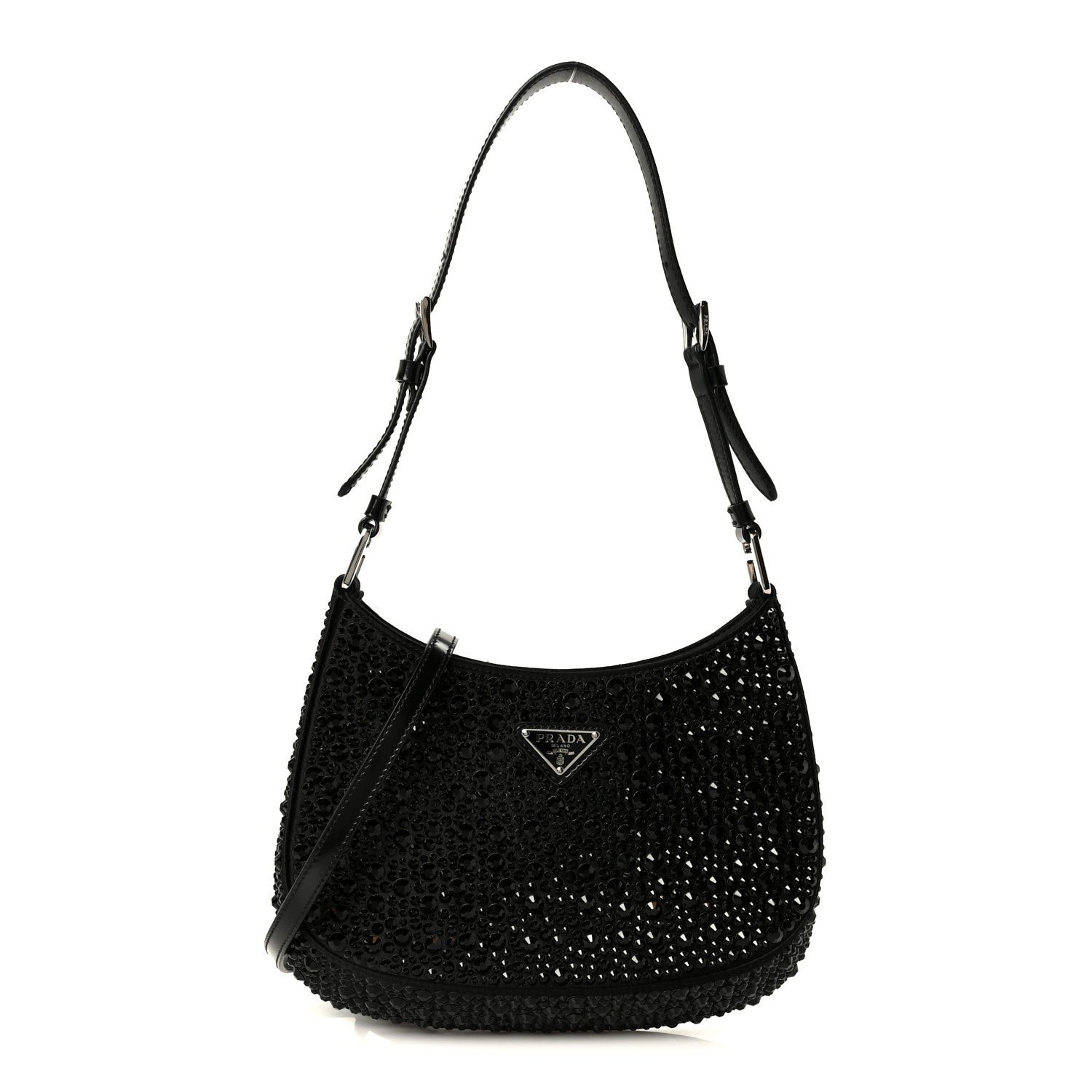 Prada Satin Crystal Cleo Adjustable Strap Shoulder Bag Black